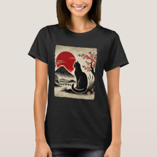 Camiseta Arte japonés gato negro Monte Fuji flores de cerez