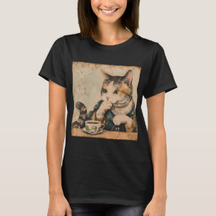 Camiseta Arte japonés vintage lindo gato con una taza de té