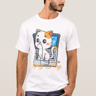 Camiseta Arte Kawaii de Gato Divertido Mordiendo Cordón Pic