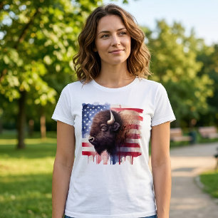 Camiseta Arte majestuoso del bisonte americano y la bandera