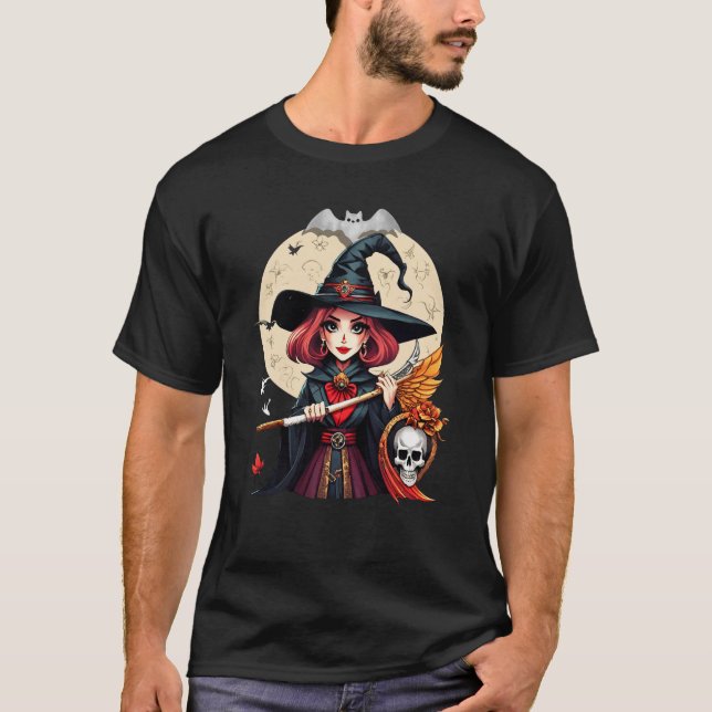 Camiseta Arte místico de Halloween de brujas con calavera y (Anverso)