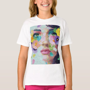 Camiseta Arte mural surrealista mujer ojos florales pétalos
