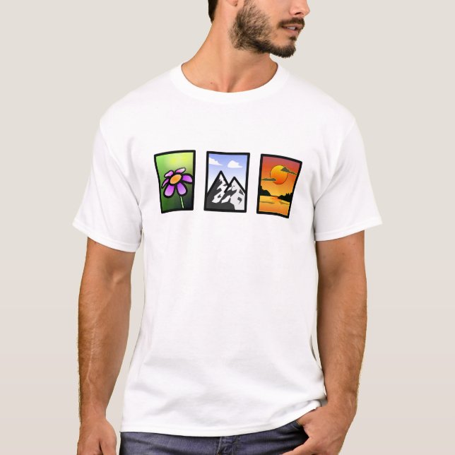 Camiseta Arte natural vibrante - flor, montaña, puesta de s (Anverso)