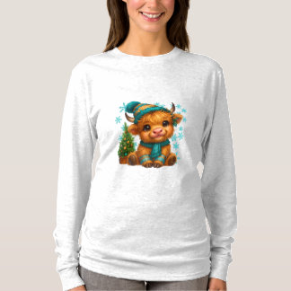 Camiseta Arte Navideño de Vaca de las Tierras Altas de Invi
