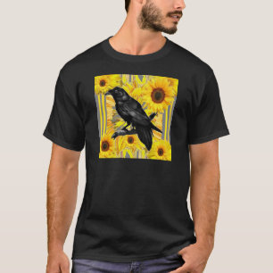 Camiseta arte negro floral amarillo del cuervo y de los