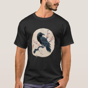 Camiseta Arte Negro Retro Japonés Cuervo Cuervo Pájaro Homb