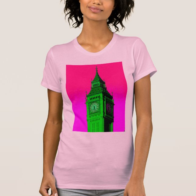 Camiseta Arte pop Big Ben Londres Viaje verde rosa (Anverso)