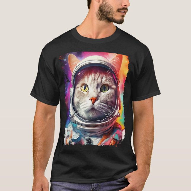 Camiseta Arte Pop Gato Blanco Exploración Espacial (Anverso)