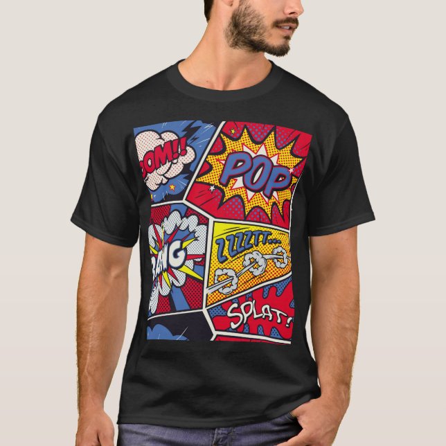Camiseta Arte pop retro, patrón de gritos de historietas. (Anverso)