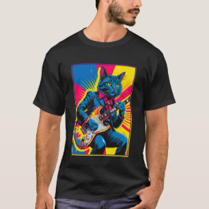 Camiseta Arte Pop Retro Vintage Gato Toca Guitarra Eléctric