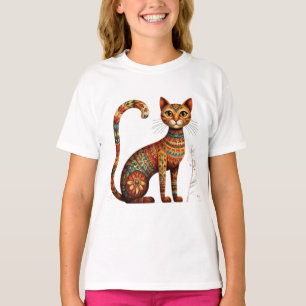 Camiseta Arte Popular Boho Tribal Gato Lindo con Flores