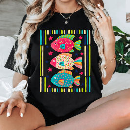 Camiseta Arte popular de peces tropicales coloridos, costa,