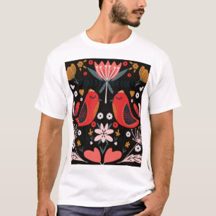 Camiseta Arte Popular Escandinavo: Aves Coloridas.