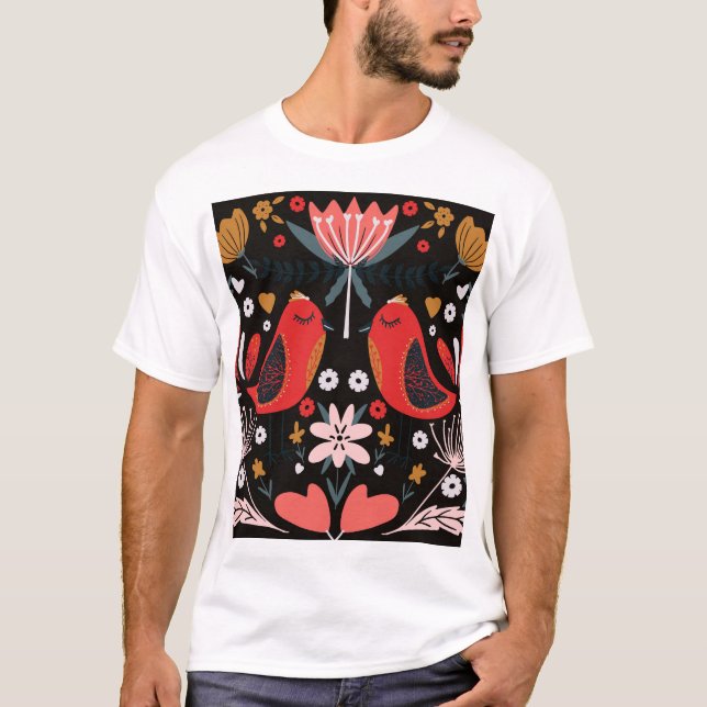 Camiseta Arte Popular Escandinavo: Aves Coloridas. (Anverso)