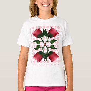 Camiseta Arte popular floral rojo retro con patrón de lunar