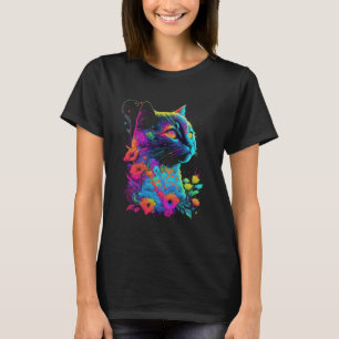 Camiseta Arte Psicodélico de Flor de Gato Colorido