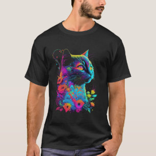 Camiseta Arte Psicodélico de Flor de Gato Colorido
