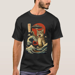 Camiseta Arte Retro Japonés Gato Kaiju Ola OVNI