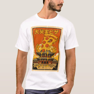 Camiseta Arte Retro Japonés Kaiju Pizza Monstruo Templo