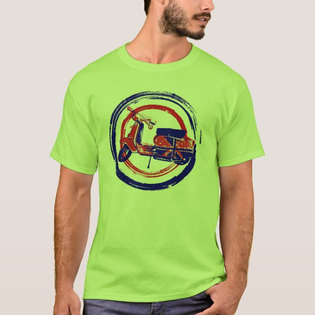 Camiseta Arte retro rojo y azul de la vespa (Anverso)