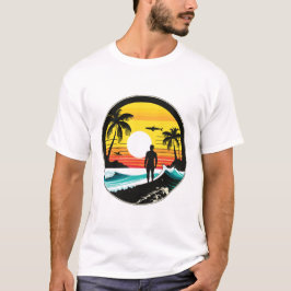 Camiseta Arte Retro Silueta de Atardecer en Playa Tropical