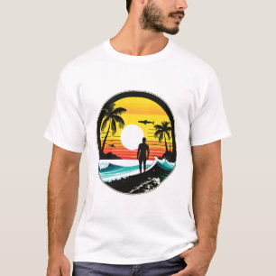 Camiseta Arte Retro Silueta de Atardecer en Playa Tropical