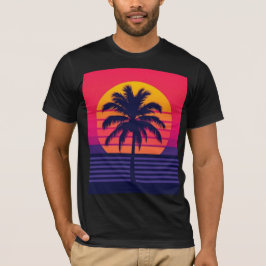 Camiseta Arte Synthwave de Palma al Atardecer Retro de los 