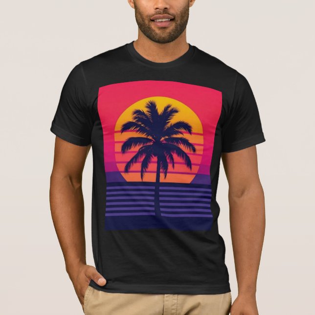 Camiseta Arte Synthwave de Palma al Atardecer Retro de los  (Anverso)