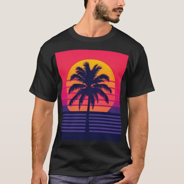 Camiseta Arte Synthwave de Palma al Atardecer Retro de los  (Anverso)