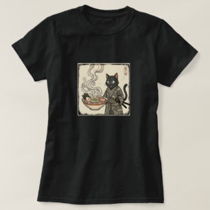 Camiseta Arte Ukiyo-e de Fideos Ramen con Gato Samurái Japo