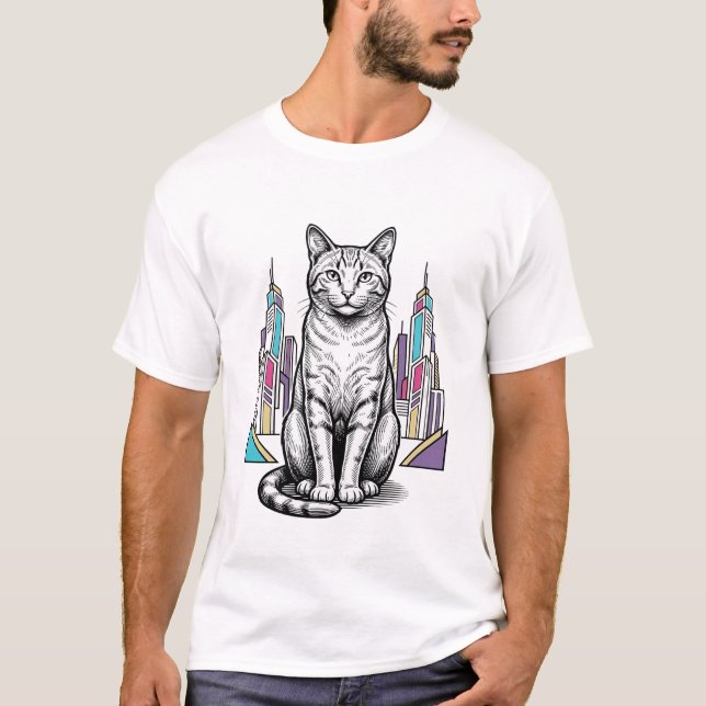 Camiseta Arte vectorial de ciudad de gato cibernético graba (Anverso)
