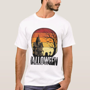 Camiseta Arte vectorial de puesta de sol de casa embrujada 
