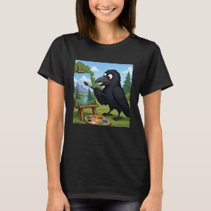 Camiseta Artista Divertido Cuervo Pintando Arte de Paisaje