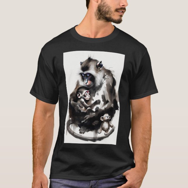 Camiseta Artistic Mother and Baby Monkey Ink Wash Illustrat (Anverso)