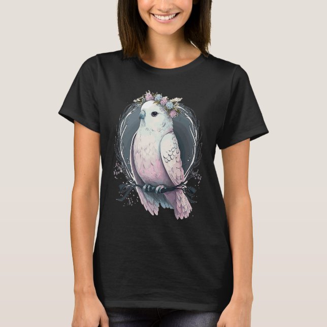 Camiseta Artistic White Parakeet Budgie Bird Flower Crown P (Anverso)