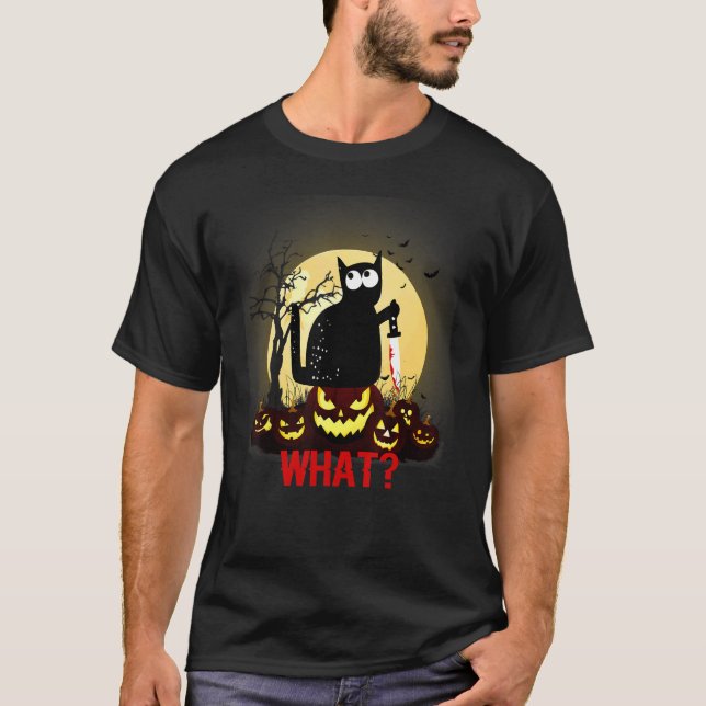 Camiseta Asesino Halloween Scary Moon Gato negro con cuchil (Anverso)