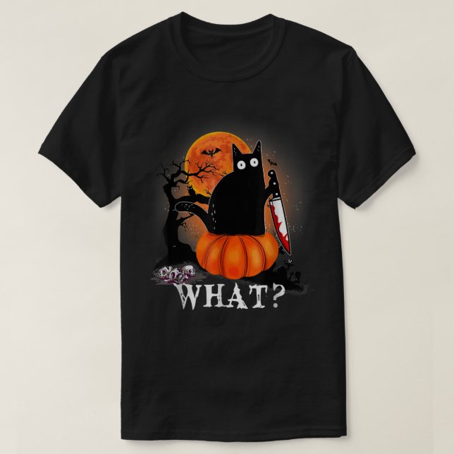 Camiseta Asesino Halloween Scary Moon Gato negro con cuchil (Diseño del anverso)