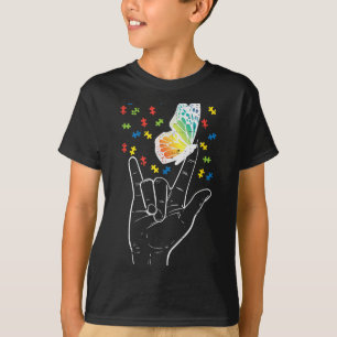 Camiseta Asl Love Rótulo Butterfly Puzzle Autism Awareness 