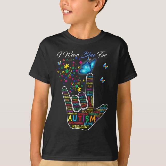 Camiseta ASL Love Rótulo Language Hand I Wear Blue For Auti (Anverso)