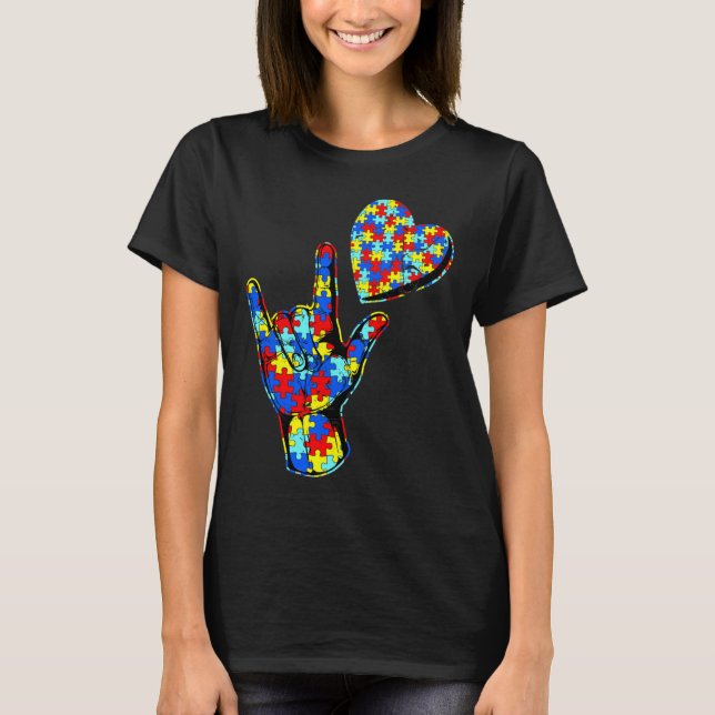 Camiseta ASL Love Rótulo Lenguaje Autismo Awareness Puzzle  (Anverso)