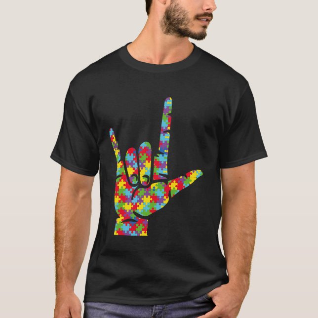 Camiseta Asl Love Sign Language Hand Autism Awareness Puzzl (Anverso)