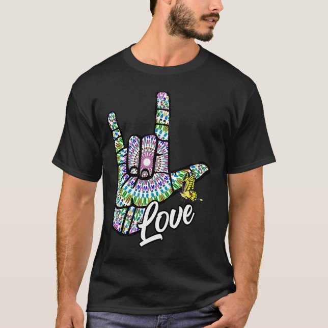 Camiseta ASL Te Ama La Mano Lengua Rótulo Mariposa Sorda Aw (Anverso)