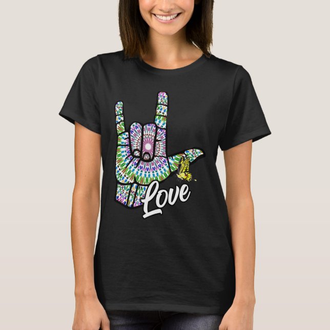 Camiseta ASL Te Ama La Mano Lengua Rótulo Mariposa Sorda Aw (Anverso)