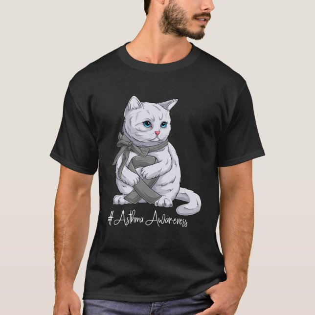 Camiseta Asthma Awareness Month Gray Ribbon Cat (Anverso)