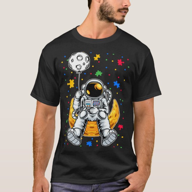 Camiseta Astronaut & Planet Balloon Puzzle Piece Autism Awa (Anverso)