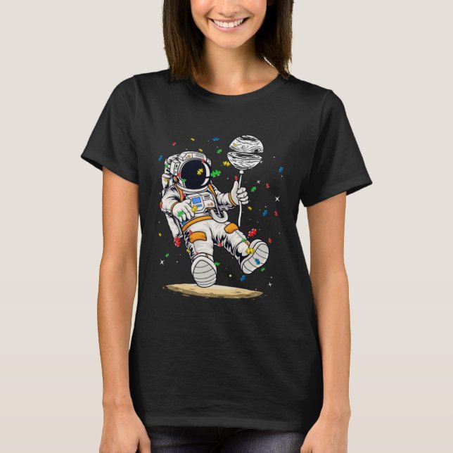Camiseta Astronaut & Planet Balloon Puzzle Piece Autism Awa (Anverso)