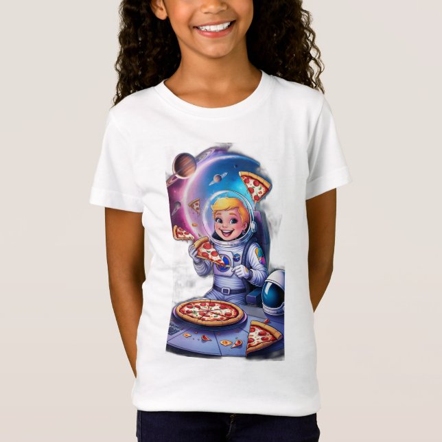 Camiseta Astronauta comiendo pizza en el espacio. (Anverso)