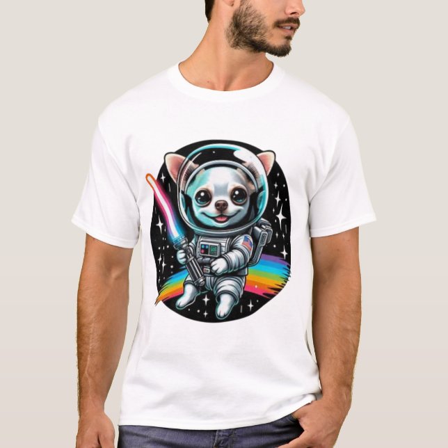 Camiseta Astronauta de Chihuahua con sable de arcoiris en S (Anverso)