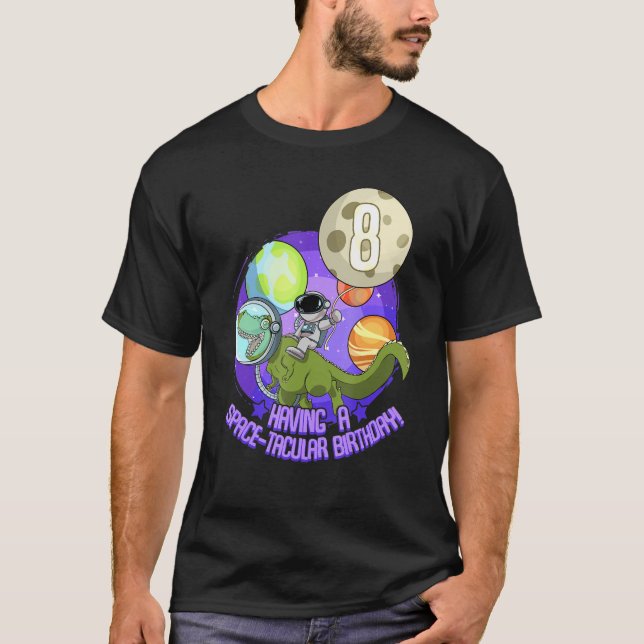 Camiseta Astronauta de cumpleaños montando planeta T-Rex (Anverso)