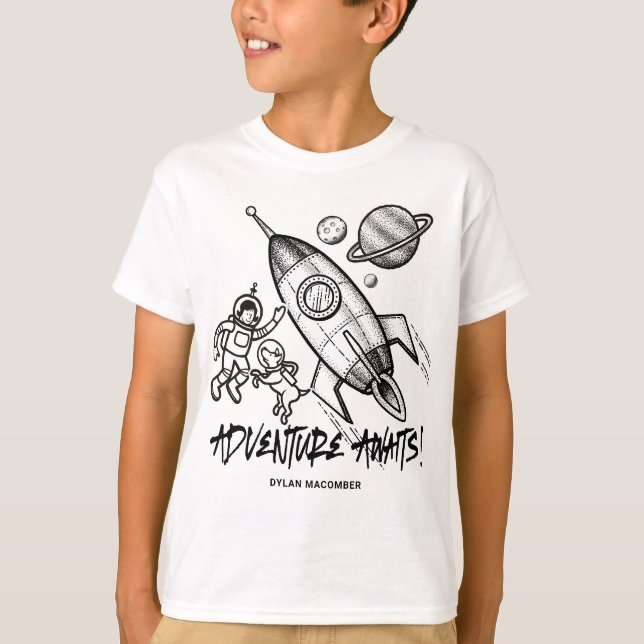 Camiseta Astronauta del cohete espacial blanco negro retro (Anverso)